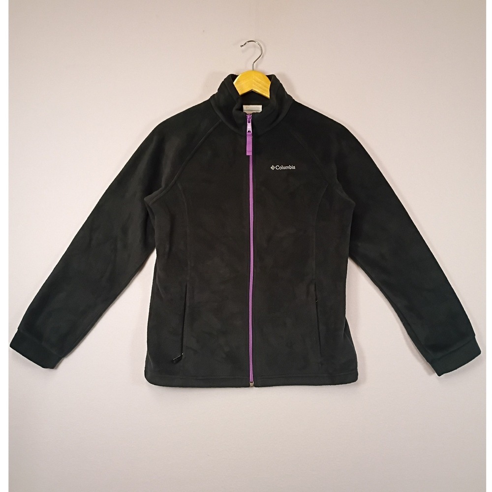 Outdoorsy Columbia Women Large Black Purple Full Zip Fleece Jacket Mock Neck